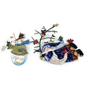 Santa Holding Branch With Birds and Snowman Metal Ornaments Wall Decor Lot of 2